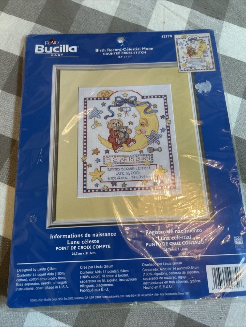 Bucilla Baby Birth Record Celestial Moon Counted Cross Stitch Kit Sealed 10x12